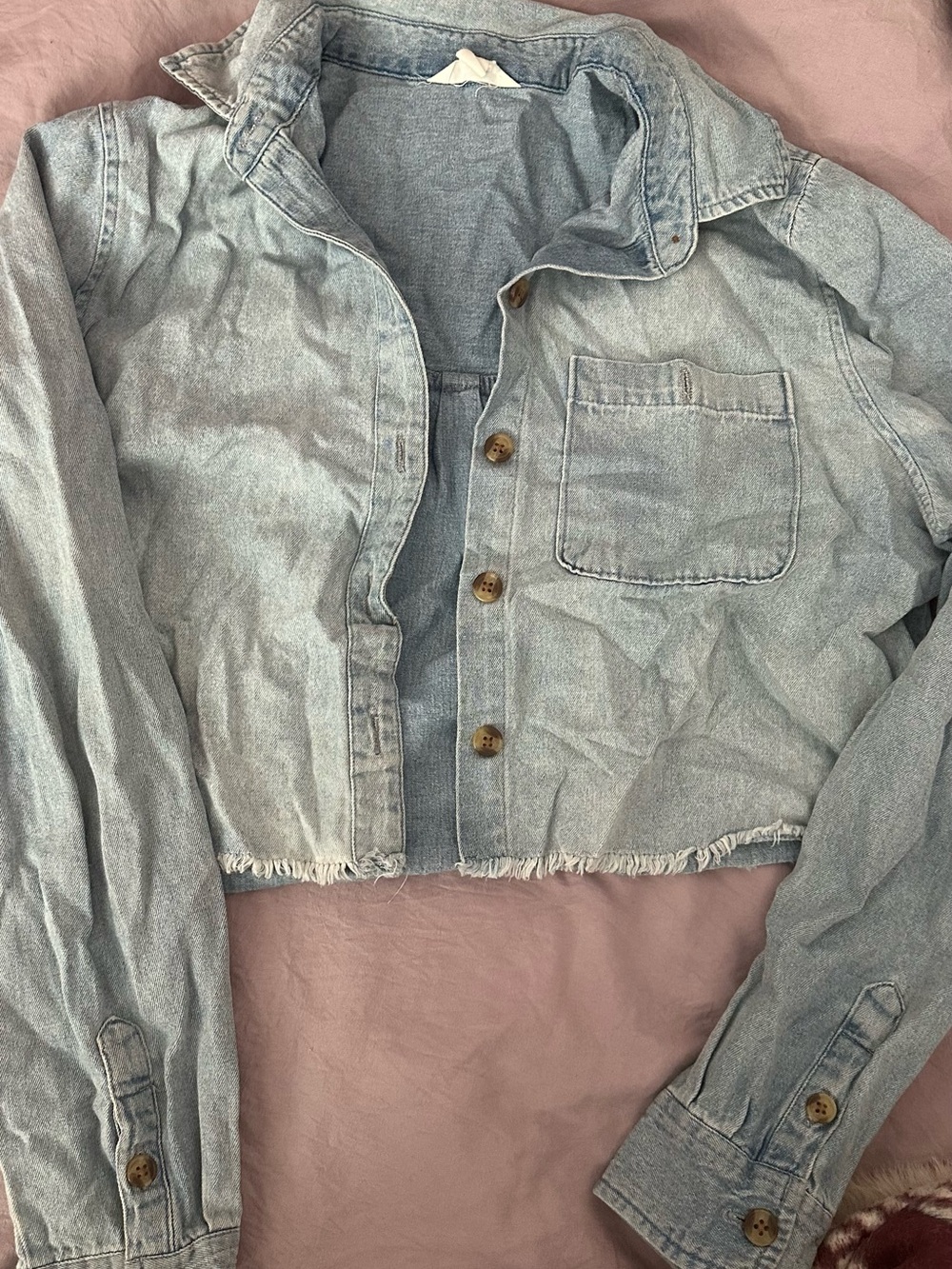 Aeropostale Light Blue Cropped Denim Jacket with Frayed Hem